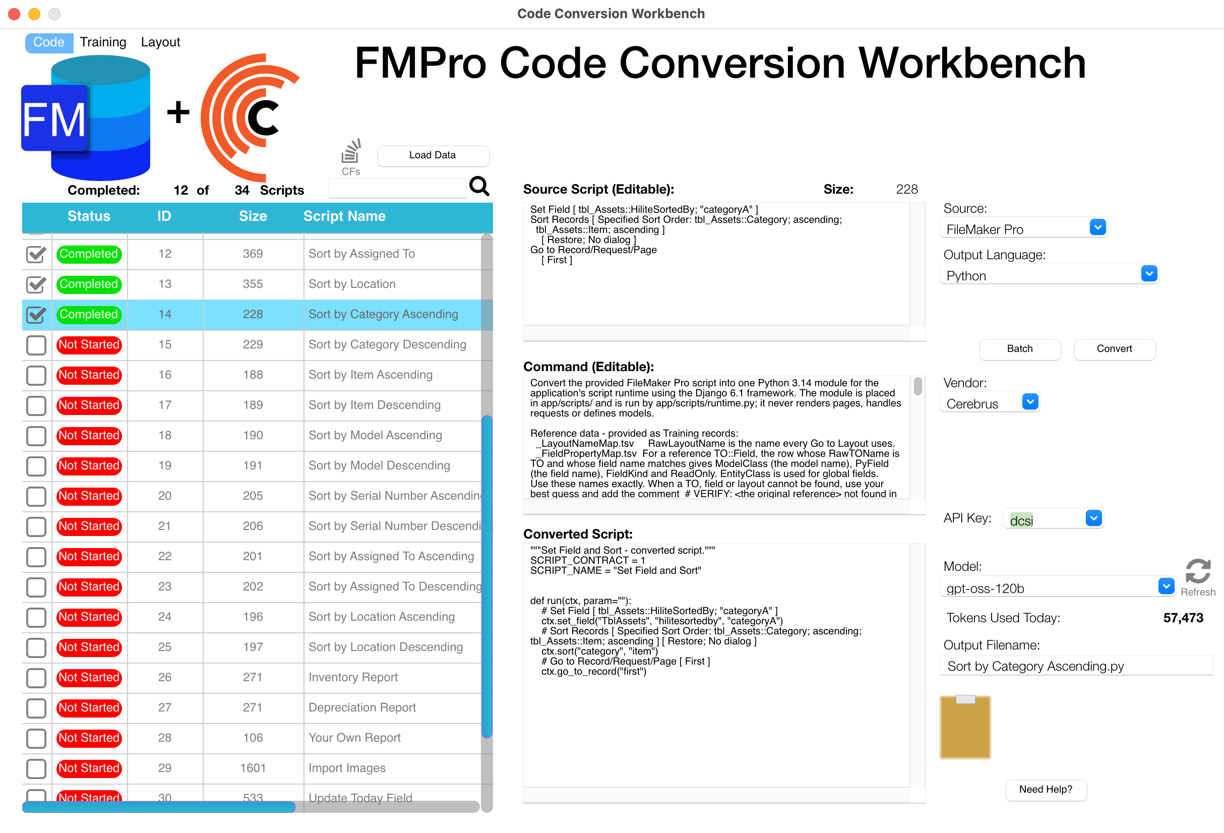 Code Conversion Workbench - FileMaker Pro script converted to a Python module using the layout and field map references